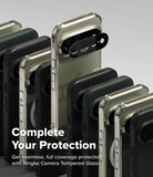 Google Pixel 11 Pro XL Case | Onyx Ring - A group of smartphones shown from the back in multiple colors, with a black Ringke camera lens protector accessory attached to the central phone. White marketing text at the bottom reads, 'Complete Your Protection' and 'Get seamless, full coverage protection with Ringke Camera Tempered Glass.