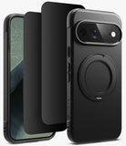 [Bundle] Google Pixel 11 Pro XL | Onyx Ring + Privacy Protectors - A black textured phone case with a built-in circular MagSafe ring, shown alongside a phone and a separate protective screen protector on a clean white background.