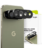 Google Pixel 11 Pro Camera Protector | Camera Full Cover Tempered Glass (2 Pack) - Ringke camera full cover tempered glass protector set shown installed on a smartphone, with the product packaging box visible behind it on a white background.