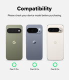 Google Pixel 11 Pro Screen Protector | Easy Slide Privacy Tempered Glass (2 Pack) - A smartphone shown from the back and front on a light gray background, with text stating 'Designed for Google Pixel 11 Pro' and a small green circle above 'Google Pixel 11 Pro'. The phone has an olive green finish with a large camera bar and a visible Google 'G' logo on the back.