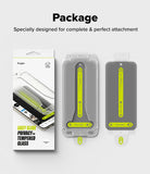 Google Pixel 11 Pro Screen Protector | Easy Slide Privacy Tempered Glass (2 Pack) - Ringke privacy tempered glass screen protector package set, featuring the retail box on the left and two protective film pieces on the right with bright yellow-green alignment guides, on a light gray background with the text 'Package' and 'Specially designed for complete & perfect attachment'.