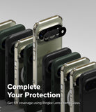 Pixel 11 Pro Case | Fusion - A promotional product shot showing multiple smartphone cases arranged in a fan-like stack, with one clear case highlighted and a black lens protector accessory attached. Large text reads 'Complete Your Protection' and 'Get full coverage using Ringke Lens Frame Glass.
