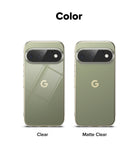 Pixel 11 Pro Case | Fusion Matte - A color comparison graphic showing two smartphone back views on a white background, labeled 'Color' at the top and 'Clear' and 'Matte Clear' below. The phone on the left is labeled 'Clear' and has a reflective olive-green tint, while the phone on the right is labeled 'Matte Clear' and appears lighter and less reflective.