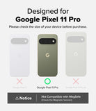 Pixel 11 Pro Case | Fusion Matte - Compatibility graphic for a Google Pixel 11 Pro phone case, showing three slim phone back views in white, sage green, and light gray. The center phone is labeled Google Pixel 11 Pro and is marked with a green circle, while the side phones are marked with red X's.