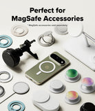 Google Pixel 11 Pro Case | Fusion Magnetic - A collage of MagSafe-compatible phone accessories on a light neutral background, including a black air vent mount, a clear phone case with a MagSafe ring, multiple circular magnetic pads, a white stand, and pop-sockets in white, black, and iridescent colors. Text at the top reads, 'Perfect for MagSafe Accessories' with smaller text noting MagSafe accessories are sold separately.
