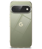 Google Pixel 11 Pro Case | Fusion - A clear protective phone case fitted on a Google Pixel smartphone, showing the phone's olive green back panel and a gold Google 'G' logo. The case itself is transparent, visible around the edges and camera cutout.