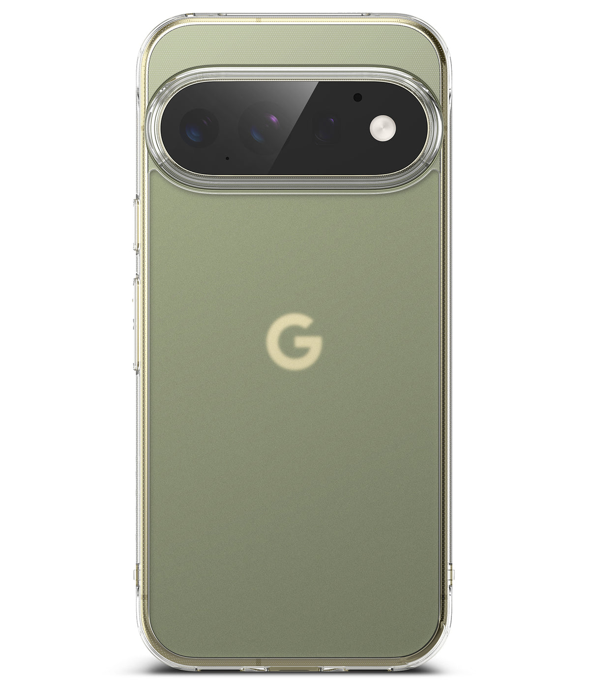 Google Pixel 11 Pro XL Case | Fusion Matte - A clear protective phone case fitted on a Google Pixel smartphone, showing an olive green phone back with a light gold Google 'G' logo and a transparent camera bumper, set against a plain white background.