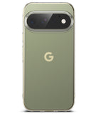 Google Pixel 11 Pro Case | Fusion Matte - A clear protective phone case fitted on a Google Pixel smartphone, showing an olive green phone back with a light gold Google 'G' logo and a transparent camera bumper, set against a plain white background.