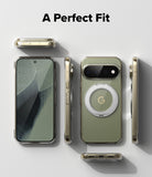 Google Pixel 11 Pro Case | Fusion Ring - A phone case shown from multiple angles on a light gray background, with the text 'A Perfect Fit' at the top. The case is olive green on the back with a silver MagSafe ring, and the phone inside has a cracked screen display.