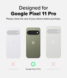 Google Pixel 11 Pro Case | Fusion Ring - Compatibility graphic for a phone case designed for the Google Pixel 11 Pro, showing three phone back views: a white case on the left, a sage green case in the center with a green circle icon, and a white case on the right. Text above says 'Designed for Google Pixel 11 Pro' and below the center phone says 'Google Pixel 11 Pro'; pink X marks appear under the left and right phones.