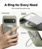 Google Pixel 11 Pro Case | Fusion Ring - A phone case with a built-in metallic ring stand, shown in three feature panels: a hand holding the case to demonstrate the enhanced grip, the case opened to show the magnetic accessory, and the kickstand extended. Text at the top reads 'A Ring for Every Need' with supporting feature labels.