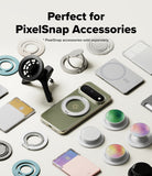 Google Pixel 11 Pro Case | Fusion Ring - A promotional flat lay showing a smartphone surrounded by various PixelSnap accessories, including ring stands, pop sockets, and mounting pieces, with text reading 'Perfect for PixelSnap Accessories' at the top.