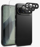 [Bundle] Google Pixel 11 Pro | Onyx (BK) + Screen & Camera Protectors - Black textured phone case shown from the back with a transparent screen protector and three black camera lens protectors floating in front, on a light gray background.