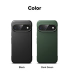 Pixel 11 Pro Case | Onyx - Color options for a phone case shown on a white background, with the heading 'Color' at the top. On the left is a black case labeled 'Black' and on the right is a dark green case labeled 'Dark Green'.