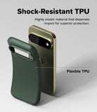 Pixel 11 Pro Case | Onyx - A dark green protective phone case shown from the back, with a smartphone partially visible behind it to demonstrate fit. The image includes marketing text reading 'Shock-Resistant TPU' and 'Flexible TPU' on a clean light gray background.