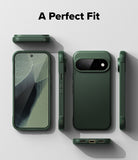 Pixel 11 Pro Case | Onyx - A dark green phone case shown from multiple angles on a light gray background, with the text 'A Perfect Fit' at the top. The views include the back of the phone in the case, side profiles, and a front view with the screen visible.