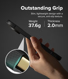 Google Pixel 11 Pro Case | Onyx Magnetic - A hand holding a slim black smartphone case against a dark gray background, with text reading 'Outstanding Grip' and product specs: weight 37.6g and thickness 2.