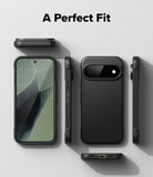 Google Pixel 11 Pro Case | Onyx Magnetic - A black protective phone case shown from multiple angles on a light gray background, with the text 'A Perfect Fit' at the top. The views include the back with a large camera cutout, side profiles, and a front view with the phone screen visible.