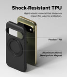 Google Pixel 11 Pro Case | Onyx Ring - A black protective phone case with a built-in circular magnetic ring is shown alongside a gold phone inside the case. The image includes text callouts reading 'Shock-Resistant TPU', 'Flexible TPU', and 'Alluminum Alloy & Neodymium Magnet' on a light gray background.