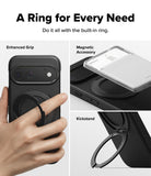 Google Pixel 11 Pro Case | Onyx Ring - A black phone case with an integrated magnetic ring accessory, shown in a three-panel marketing layout. The top-left panel shows a hand holding the case, labeled 'Enhanced Grip.