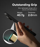 Google Pixel 11 Pro Case | Onyx Ring - A hand holding a slim black smartphone case against a dark gray background, with marketing text reading 'Outstanding Grip' and product specs including weight 34.2g and thickness 2.