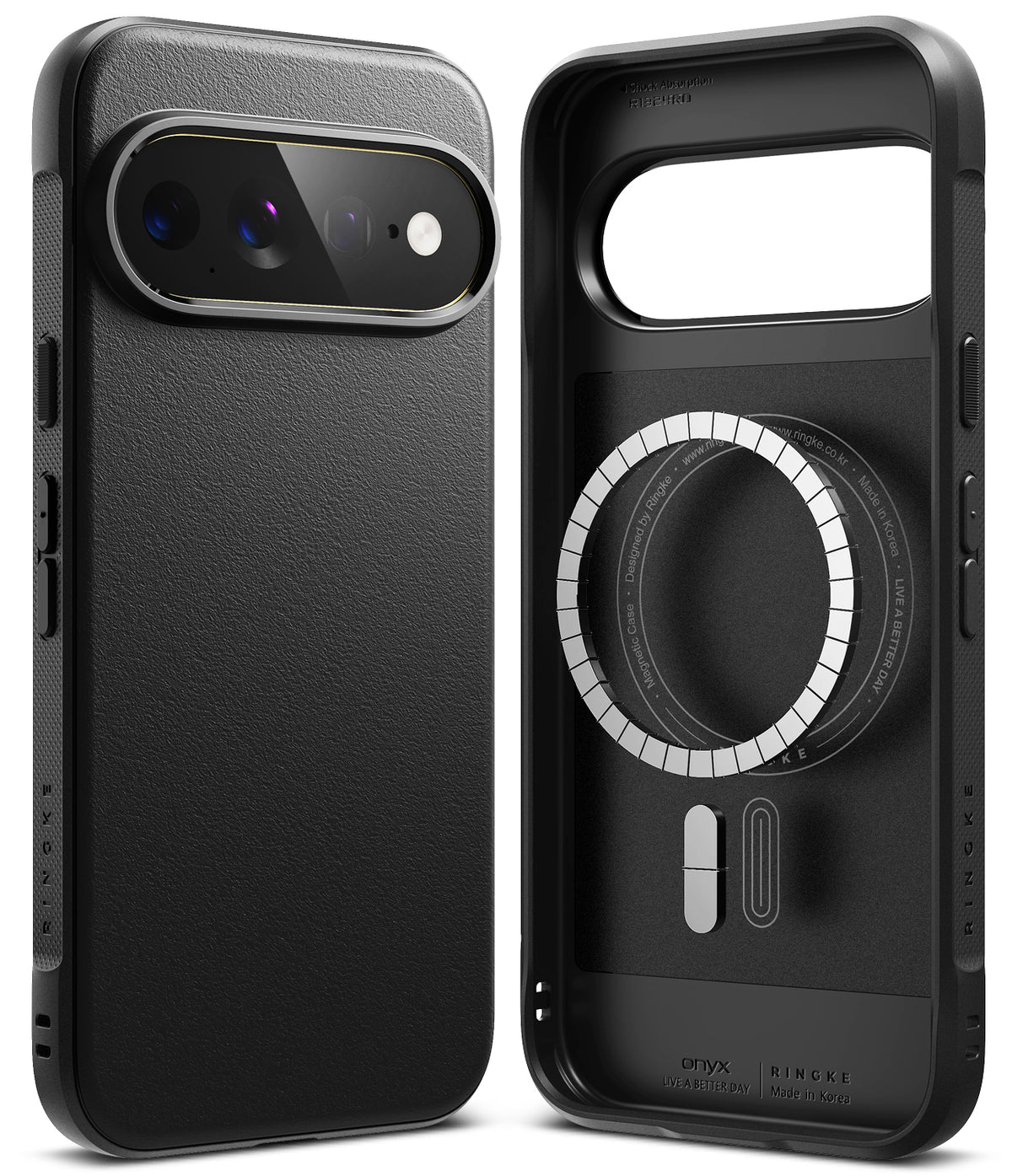 Pixel 11 Pro XL Case | Onyx Magnetic - Black protective phone case shown from the back and side, featuring a textured leather-like finish, MagSafe-compatible circular ring, and camera cutout, displayed on a clean white background.