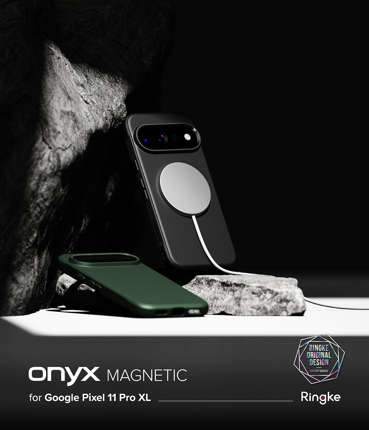 Google Pixel 11 Pro XL Case | Onyx Magnetic - A black magnetic phone case with a silver MagSafe ring, shown with a white charging cable on a white surface next to a green phone case. The image has a dark, moody background with a rock texture, and a black banner at the bottom with the text 'onyx MAGNETIC for Google Pixel 11 Pro XL' and the Ringke logo.
