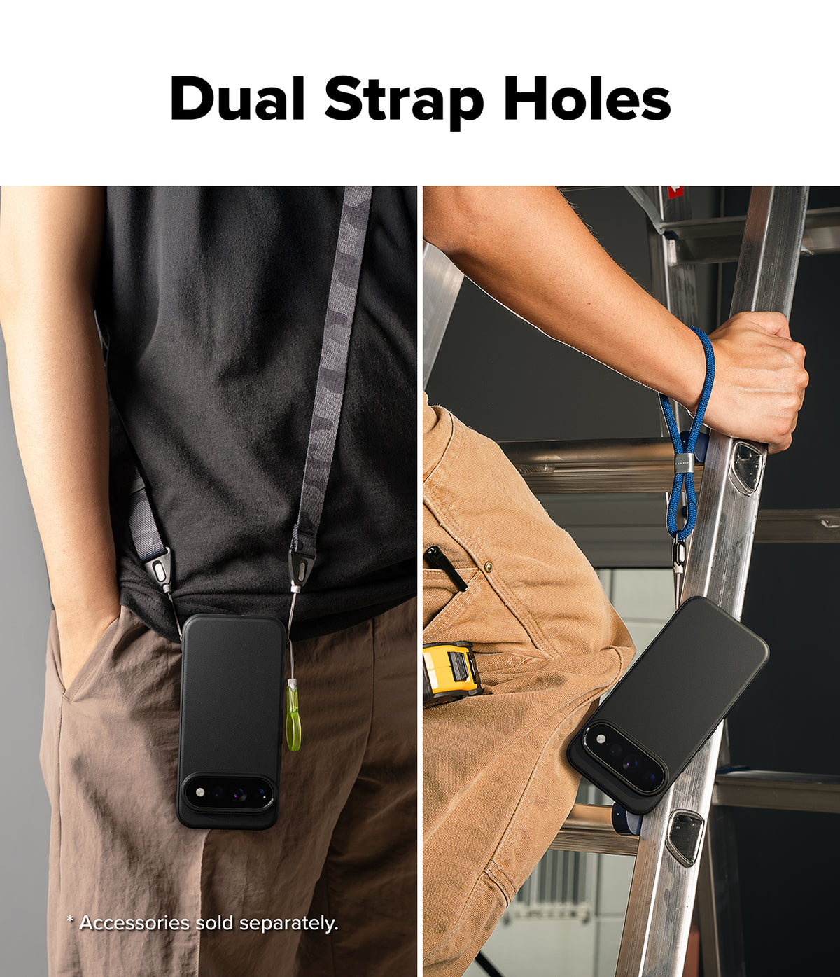 Google Pixel 11 Pro XL Case | Onyx Magnetic - A split-panel product demonstration showing a black phone case with dual strap attachment points. The left panel shows the case hanging from a shoulder strap on a person's waist, and the right panel shows the case hanging from a blue wrist strap on a person's leg while holding a ladder.