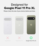 Google Pixel 11 Pro XL Case | Onyx Magnetic - Compatibility graphic for a Google Pixel phone case, showing three slim phone back mockups: white for Google Pixel 11, light gray for Google Pixel 11 Pro, and an olive green for Google Pixel 11 Pro XL. Text at the top says the product is designed for Google Pixel 11 Pro XL, with a green circle under the correct size and pink X marks under the incorrect sizes.