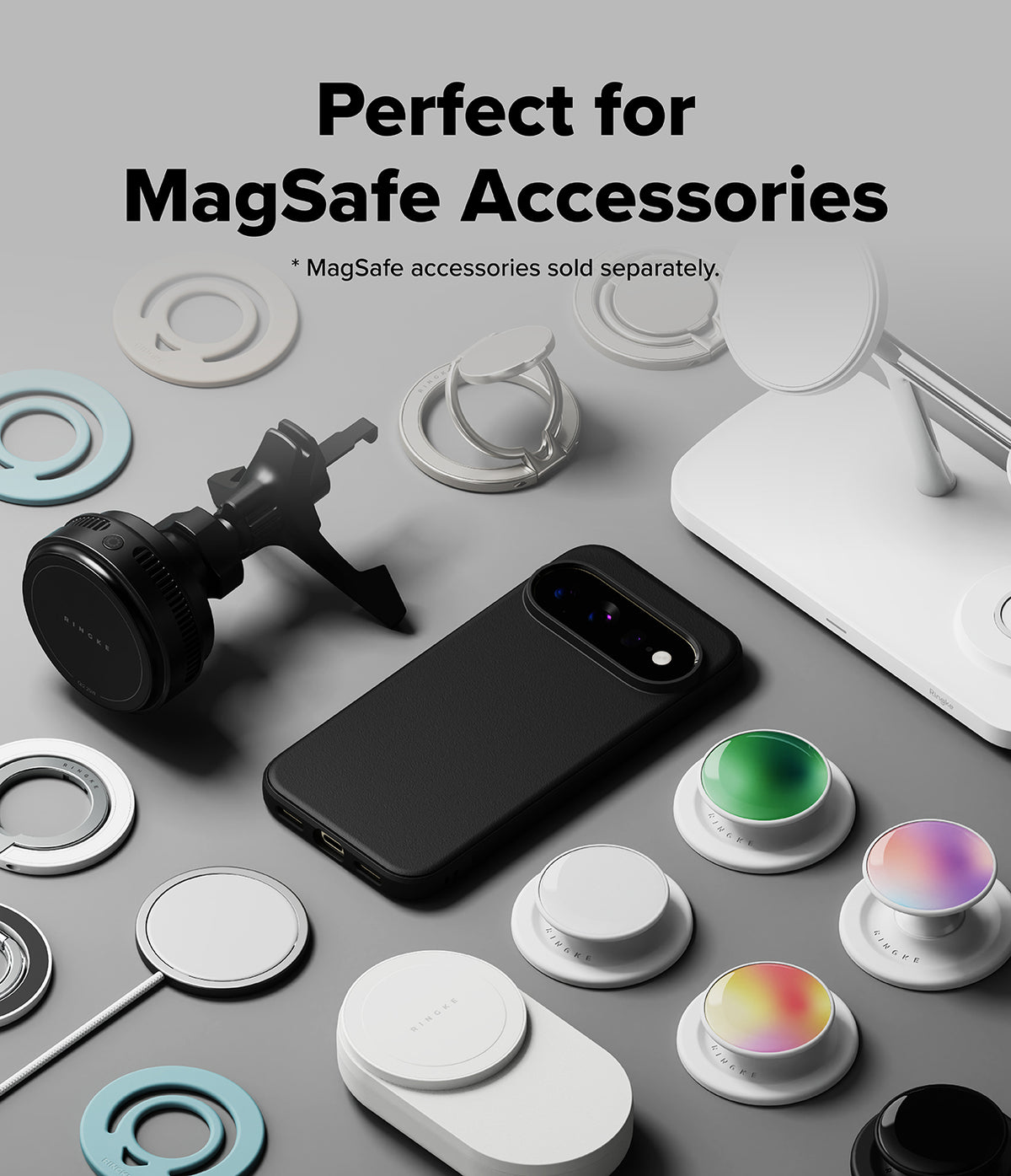 Google Pixel 11 Pro XL Case | Onyx Magnetic - A black smartphone case with a MagSafe-compatible magnetic ring accessory, shown on a gray surface surrounded by white and colored MagSafe accessories and a white charging stand. Text at the top reads 'Perfect for MagSafe Accessories' with smaller text noting MagSafe accessories are sold separately.