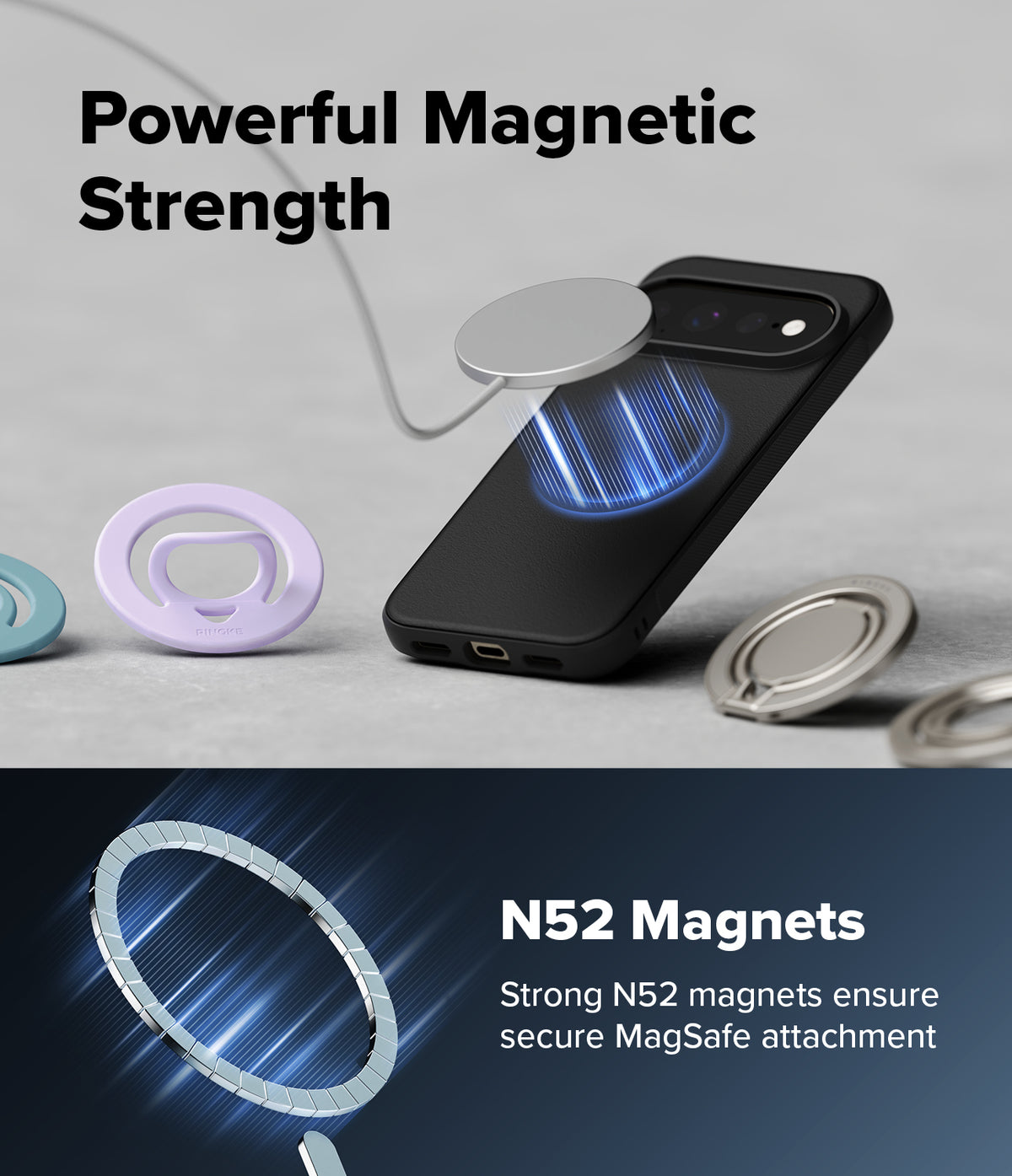 Google Pixel 11 Pro XL Case | Onyx Magnetic - A black smartphone case with a built-in MagSafe ring is shown on a light gray surface, with text reading 'Powerful Magnetic Strength' and 'N52 Magnets.' The image includes close-up views of the magnetic ring and blue light effects to illustrate magnetic attachment.