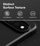 Google Pixel 11 Pro XL Case | Onyx Magnetic - Close-up of a black phone camera lens protector or case with a textured surface, shown with marketing text reading 'Distinct Surface Texture' and icons for anti-fingerprint, easy to clean, and premium TPU.
