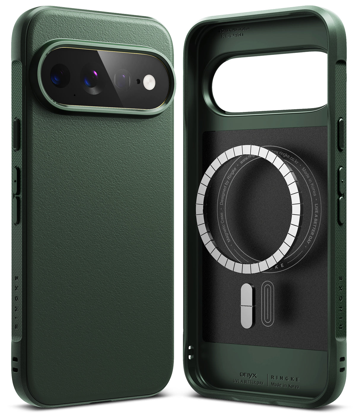 Pixel 11 Pro XL Case | Onyx Magnetic - Two views of a dark green protective phone case on a white background, showing the back exterior and the front interior with MagSafe compatibility.