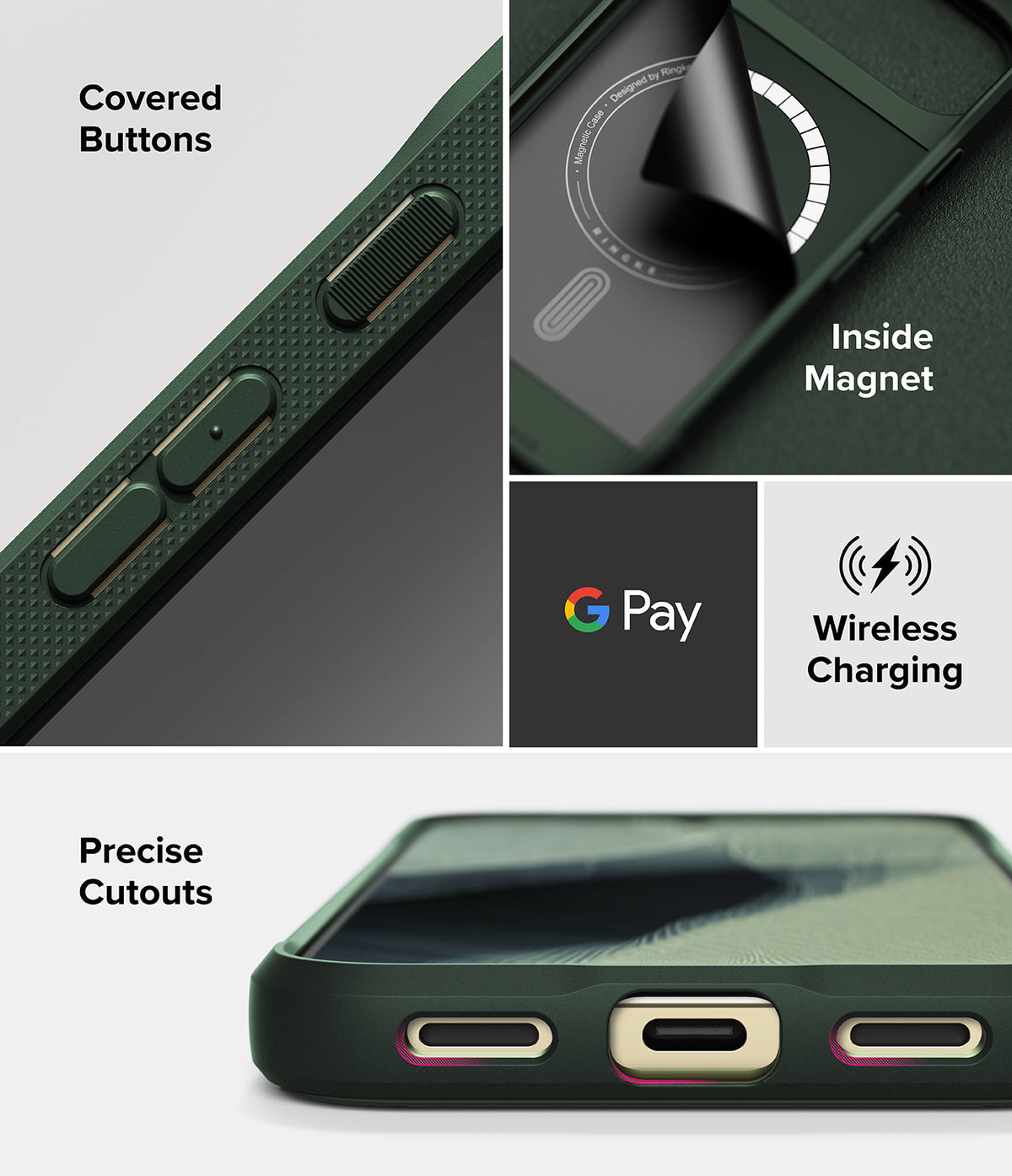 Google Pixel 11 Pro XL Case | Onyx Magnetic - A dark green protective smartphone case shown in a multi-panel feature graphic. The collage includes close-up views of the side buttons being covered, a magnetic interior design with a peeling liner, the Google Pay logo, wireless charging text, and precise cutouts for a phone's charging ports.