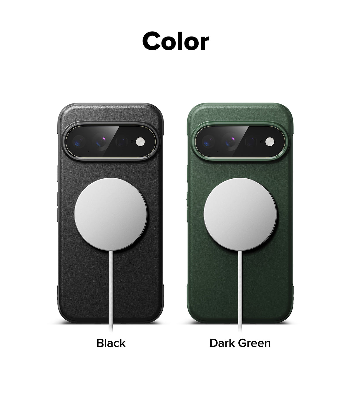 Google Pixel 11 Pro XL Case | Onyx Magnetic - Color options for a MagSafe-compatible phone case, showing two cases side-by-side: one in matte black and one in dark green. Both cases feature a circular MagSafe ring on the back and are labeled 'Color' at the top and 'Black' and 'Dark Green' at the bottom.