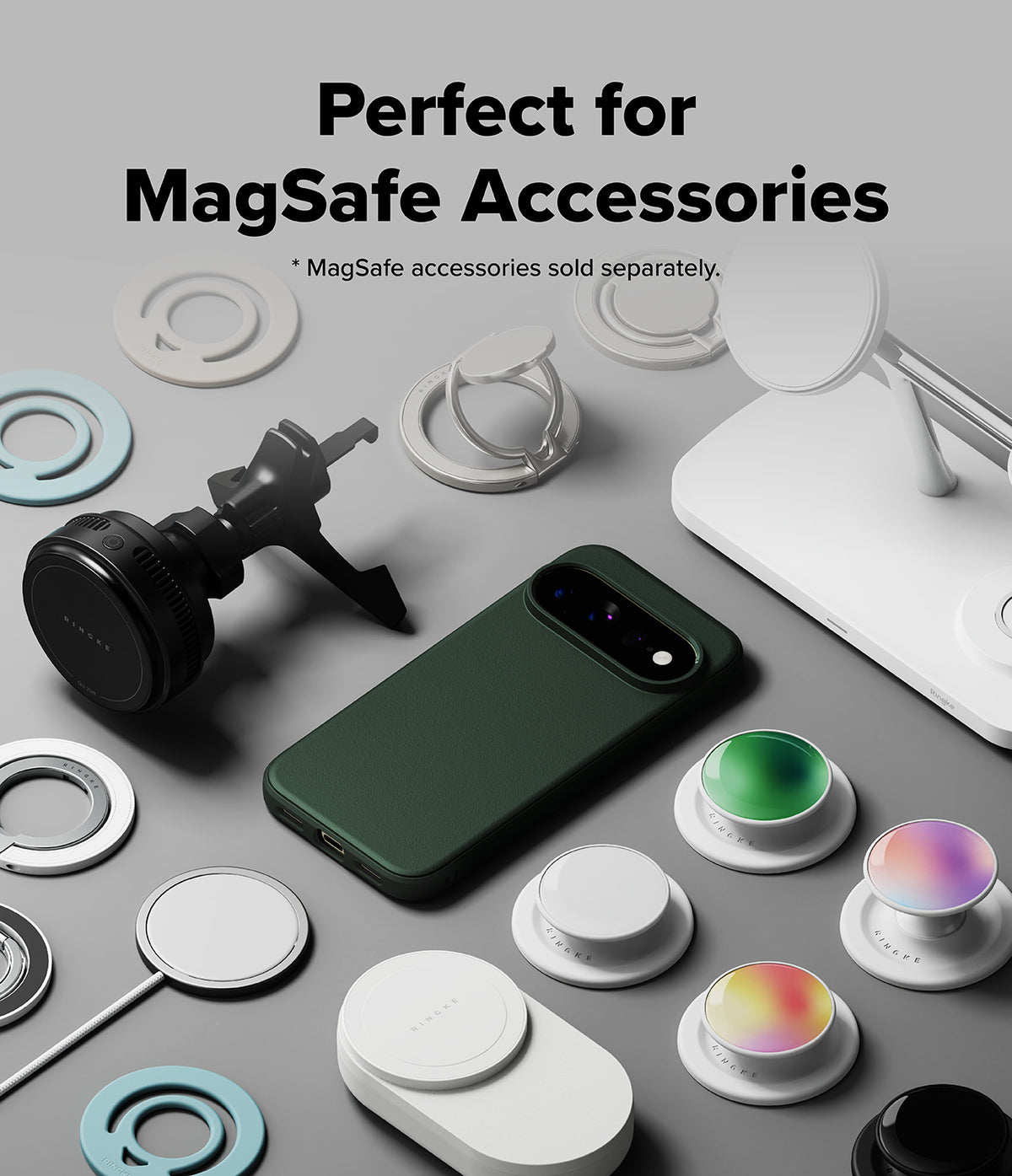 Google Pixel 11 Pro XL Case | Onyx Magnetic - A dark green smartphone shown with MagSafe accessories arranged around it on a light gray background, including a white magnetic stand, white ring clips, a black magnetic mount, and several white circular magnetic pads. Text at the top reads 'Perfect for MagSafe Accessories' with a smaller note that MagSafe accessories are sold separately.