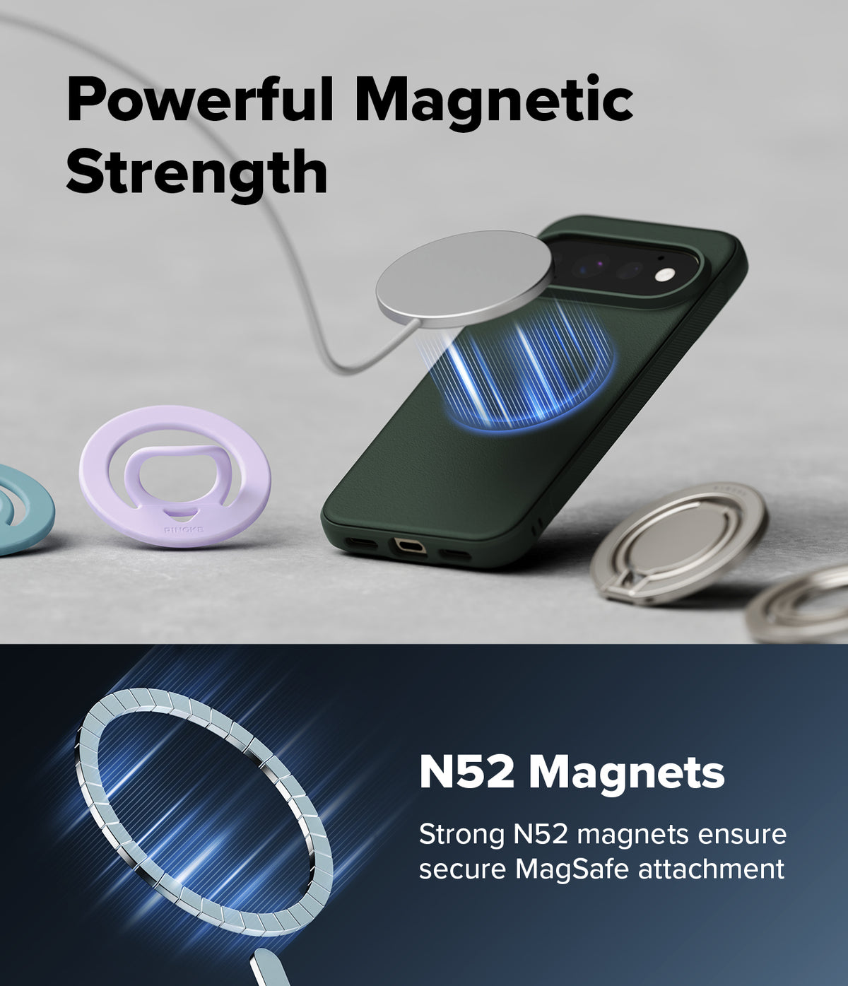 Google Pixel 11 Pro XL Case | Onyx Magnetic - A dark green smartphone case with built-in MagSafe magnets, shown with a charging cable and several circular magnetic rings on a light gray surface. Text at the top reads 'Powerful Magnetic Strength' and the bottom panel says 'N52 Magnets Strong N52 magnets ensure secure MagSafe attachment.
