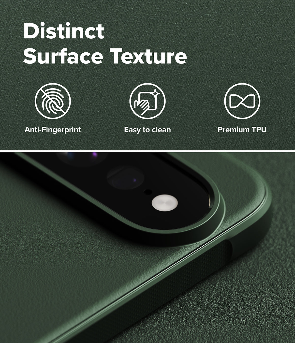 Google Pixel 11 Pro XL Case | Onyx Magnetic - Dark green textured phone case shown close-up with a camera cutout, featuring marketing text at the top: 'Distinct Surface Texture,' 'Anti-Fingerprint,' 'Easy to clean,' and 'Premium TPU.'.