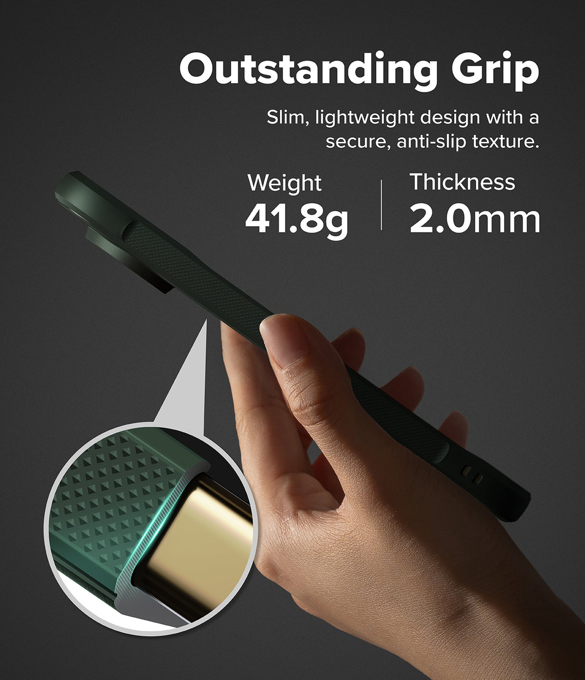Google Pixel 11 Pro XL Case | Onyx Magnetic - A hand holds a slim dark green phone case against a dark gray background, with text highlighting its outstanding grip, lightweight design, and dimensions. A circular inset shows a close-up of the textured grip and gold-toned interior.