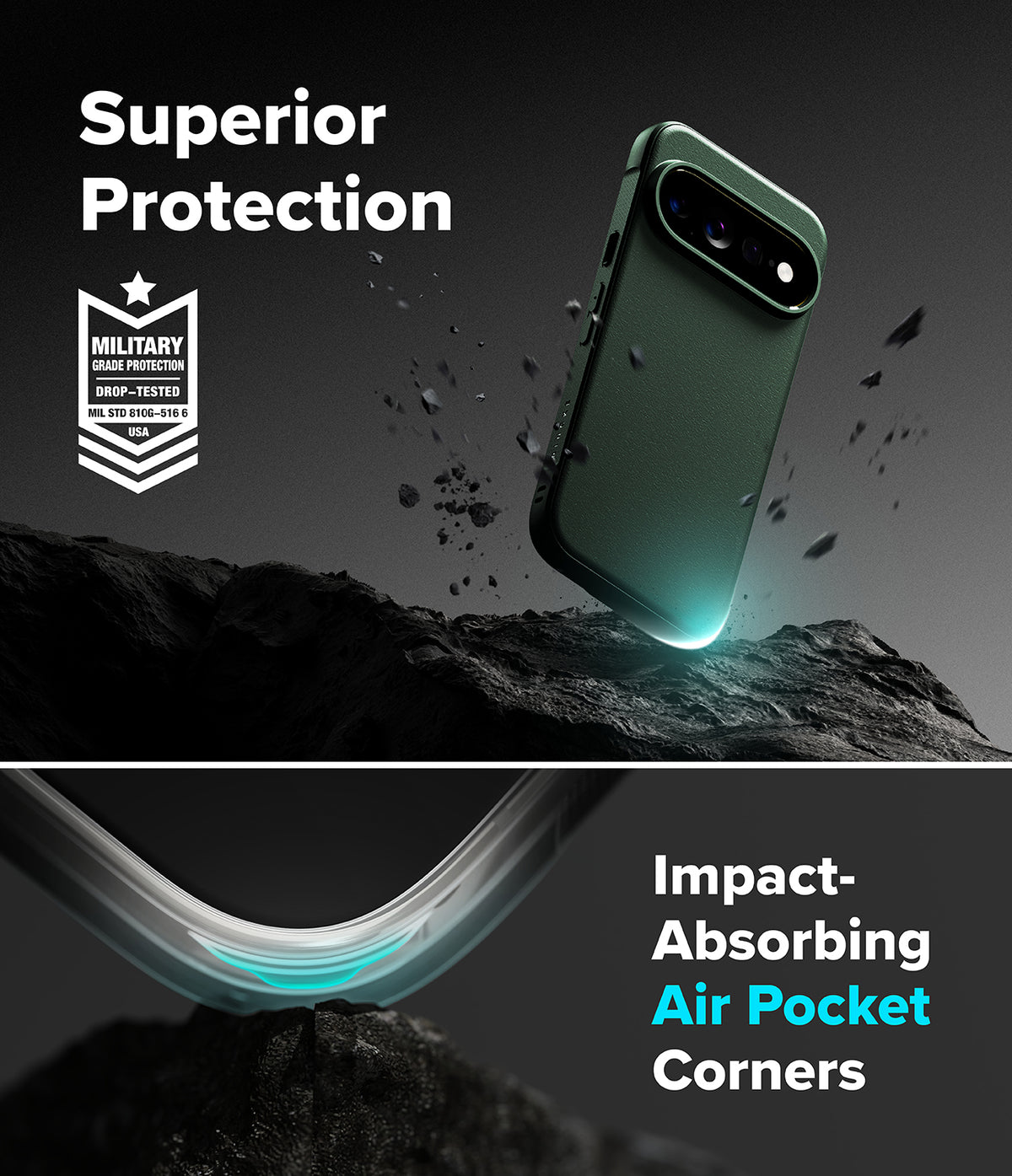 Google Pixel 11 Pro XL Case | Onyx Magnetic - A dark green smartphone case shown floating above a rocky surface with debris, under the text 'Superior Protection' and a military impact-test badge. The lower section shows the case corner absorbing impact with glowing air pocket technology and the text 'Impact-Absorbing Air Pocket Corners.