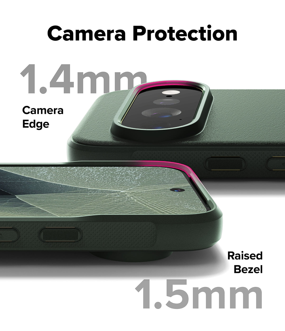 Google Pixel 11 Pro XL Case | Onyx Magnetic - A dark green phone camera protection case shown on a phone, with text overlays highlighting 1.4mm camera edge protection and 1.