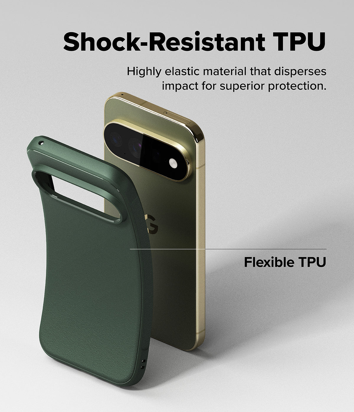Google Pixel 11 Pro XL Case | Onyx Magnetic - A dark green protective phone case shown from the back, with a smartphone partially visible behind it to demonstrate fit. The image includes marketing text reading 'Shock-Resistant TPU' and 'Flexible TPU' on a clean light gray background.