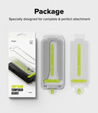 Google Pixel 11 Pro / 11 Screen Protector | Easy Slide Tempered Glass (2 Pack) - Ringlite tempered glass slide protector package and two clear protective film pieces with bright yellow-green alignment guides, shown on a light gray background with the headline 'Package' and the text 'Specially designed for complete & perfect attachment'.