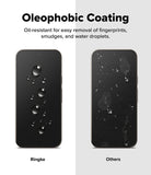 Google Pixel 11 Screen Protector | Easy Slide Privacy Tempered Glass (2 Pack) - Comparison graphic showing two black smartphone screens with water droplets and fingerprint marks. The left phone is labeled 'Ringke' and appears dry and coated, while the right phone is labeled 'Others' and visibly wet with fingerprints and smudges.