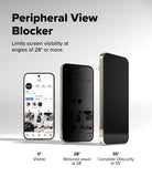 Google Pixel 11 Screen Protector | Easy Slide Privacy Tempered Glass (2 Pack) - Peripheral View Blocker shown on three smartphone mockups from 0°, 28°, and 35° angles, with text explaining that it limits screen visibility at angles of 28° or more.