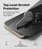 Google Pixel 11 Screen Protector | Easy Slide Privacy Tempered Glass (2 Pack) - A close-up promotional graphic showing a smartphone with a dark tempered glass screen protector partially lifted by a metal key. Large text reads 'Top-Level Scratch Protection' and includes a hardness comparison line labeled 4H Film, 9H Easy Slide Privacy Tempered Glass, and 10H Diamond.