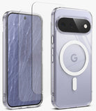 [Bundle] Google Pixel 11 | Fusion Magnetic + Screen Protectors - A clear protective phone case shown on a smartphone from both front and back angles, with a matching transparent screen protector displayed over the front and a white MagSafe-style ring on the back. The phone body appears light lavender.