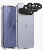[Bundle] Google Pixel 11 | Fusion Matte + Camera Protectors - A clear protective phone case shown on a smartphone, with the back view of the phone visible and three black camera lens protectors floating above the rear camera area. The phone has a light lavender-purple back panel with a faint Google 'G' logo visible.