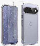 [Bundle] Google Pixel 11 | Fusion Matte + Screen Protectors - A clear protective phone case shown on a smartphone from both the front and back angles, alongside a matching clear screen protector, on a clean white background.