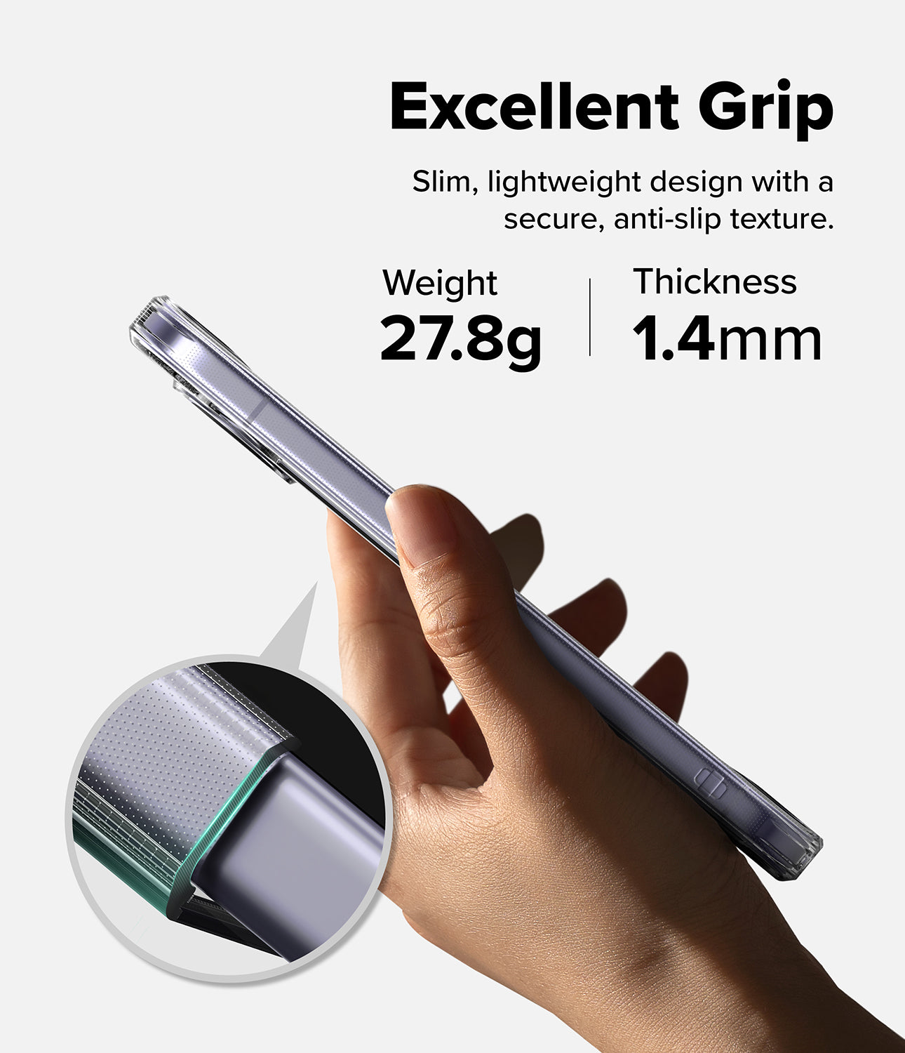 Google Pixel 11 Case | Fusion - A hand holds a slim smartphone case at an angle, with text reading 'Excellent Grip' and specs 'Weight 27.8g' and 'Thickness 1.
